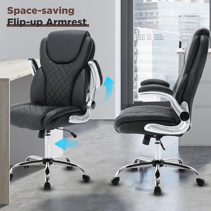Big and Tall Office Chair 400lbs, High Back Ergonomic Desk Chair with Lumbar Support, Heavy Duty PU Leather Executive Computer Chair with Flip-up Arms, Rocking Swivel Task Chair for Home Office Black
