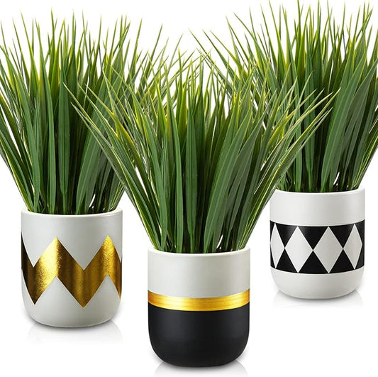 Hollyone Artificial Plants Small Faux Plant Decor 3Pcs Fake Potted Plant Faux Plants in Pots Fake Grass Pot for Home Table Office Desk Room Bathroom House Indoor Decorative Gifts