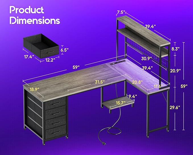 AODK L Shaped Gaming Desk with Hutch, 59" Computer Desk with 4 Drawers & Storage Shelves, Reversible Corner Desk with LED Light & Power Outlets, Gamer Table for for Home Office, Gray Oak