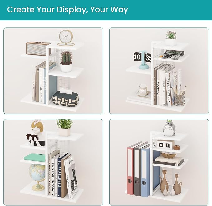 ELITEROO Desk Bookshelf, 4 Tier Wood Desktop Bookshelf, Adjustable Table Top Book Shelf and Storage Rack for Office Supplies, Dorm, Home Office, White