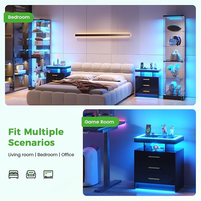 HNEBC Night Stand Set 2 with LED Lights, High Gloss Nightstand with 3 Drawers,Wireless&USB&Type-C Charging Station,Smart Side Tables with Tempered Glass Top for Bedroom,Living Room,Office-Black
