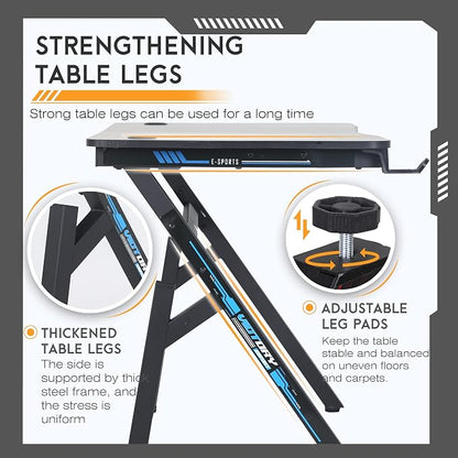 BestOffice | 47" Gaming Desk | Blue | Carbon Fiber Textured Computer Desk | Sturdy Steel Frame, Cup Holder, Headphone Hook, Cable Management Holes, Adjustable Leg Pads | for Gamers, Home, Office