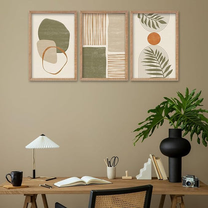 SRSZHIYUE Large Green Abstract Boho Plant Wall Art Neutral Bohemian Set of 3 Wood Framed 16x11 Inch for Living Room Bedroom Wall Decor Hanging (Wood)