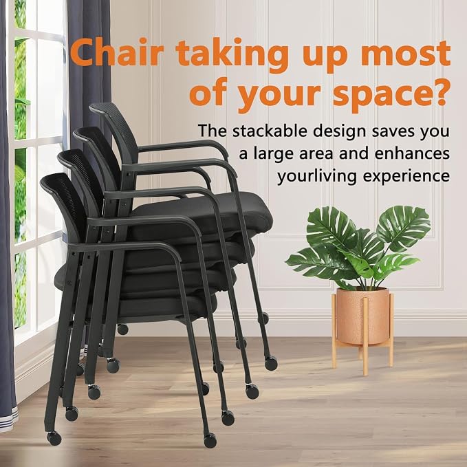 CLATINA Mesh Back Guest Reception Arm Chairs with Wheels, Waiting Room Chairs with Upholstered Fabric Seat and Ergonomic Lumbar Support for Office Conference School Church Black (2 Pack)
