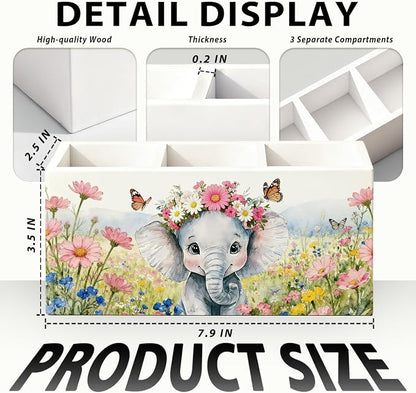 Elephant Pen Pencil Holder for Desk Accessories, Elephant Gifts for Women & Kids, Rustic Butterfly Flower Wild Animal Wooden Box Sign Decorations for Kids Room Home Office Desk Tabletop