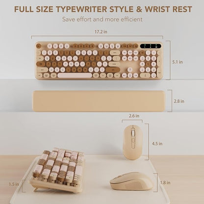 Wireless Keyboard and Mouse Combo, Round Keycaps, Full-Size Retro Typewriter Keyboard with Magnetic Wrist Rest, Tilt Legs, 2.4GHz Cordless for Mac, Windows PC, Laptop, SABLUTE CK23, Latte Beige