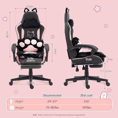 Dowinx Pink Gaming Chair with Cat Ears and Massage Lumbar Support, Ergonomic Computer Chair with Footrest and Headrest, Comfortable Reclining Game Chair 292lbs for Adults, Black