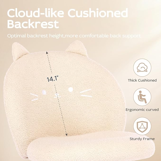 Vanity Chair with Cat Back,Armless Desk Chair Cute Small Office Chair,Teddy Fabric Computer Chair with Adjustable Height,120°Tilting,Rolling,Swivel for Vanity,Kids Room,Office,Bedroom Beige