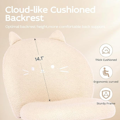 Vanity Chair with Cat Back,Armless Desk Chair Cute Small Office Chair,Teddy Fabric Computer Chair with Adjustable Height,120°Tilting,Rolling,Swivel for Vanity,Kids Room,Office,Bedroom Beige