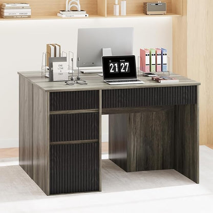 4 EVER WINNER Computer Desk with Drawers, 48 Inch Fluted Small Desk with Storage, Wood Home Office Desk for Study, Living Room, Bedroom, Grey