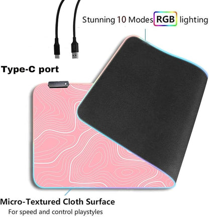 Pink RGB Mouse Pad LED Desk Mat Large Gaming Mousepad Pink and White Line Design, Keyboard Pad XL Mouse Mat for Home and Office