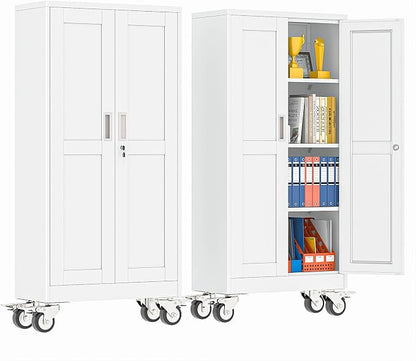 pozdeg 61" Metal Garage Storage Cabinets with Wheels, Lockable Rolling File Cabinets with 2 Doors and 3 Adjustable Shelves, Steel Tool Organizer Locker for Office Home Garage Gym School, White