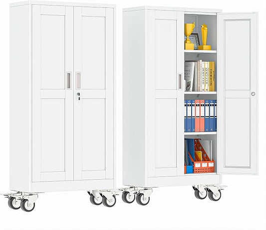 pozdeg 61" Metal Garage Storage Cabinets with Wheels, Lockable Rolling File Cabinets with 2 Doors and 3 Adjustable Shelves, Steel Tool Organizer Locker for Office Home Garage Gym School, White