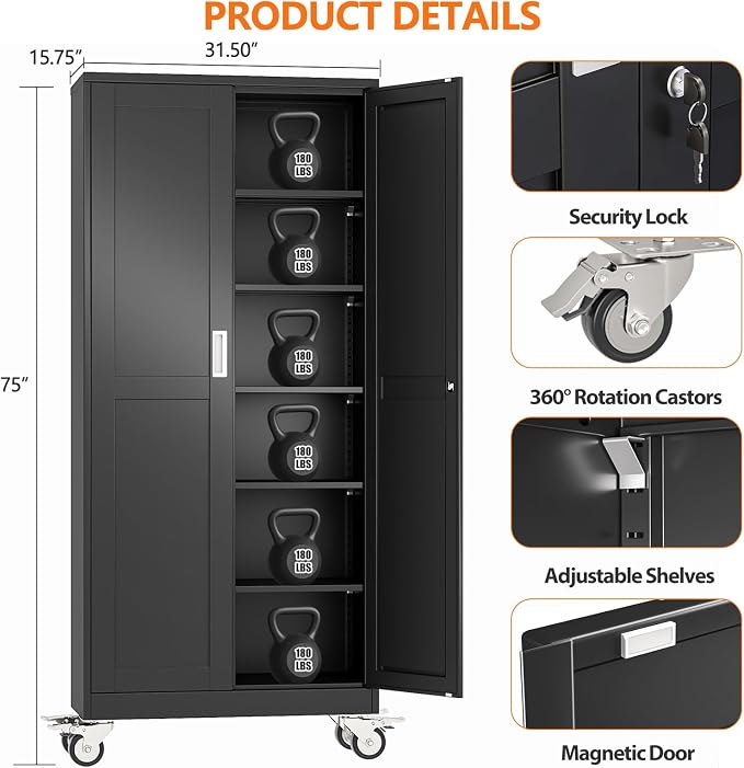 pozdeg 75" Metal Garage Storage Cabinets with Wheels, Lockable Rolling File Cabinets with 2 Doors and 5 Adjustable Shelves, Steel Tool Organizer Locker for Office Home Garage Gym School, Black