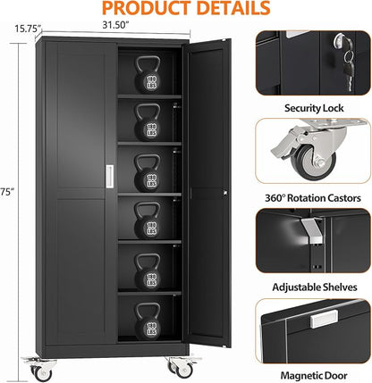 pozdeg 75" Metal Garage Storage Cabinets with Wheels, Lockable Rolling File Cabinets with 2 Doors and 5 Adjustable Shelves, Steel Tool Organizer Locker for Office Home Garage Gym School, Black