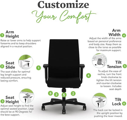 HON Ignition 2.0 Ergonomic Office Chair with Adjustable Arms, Standard Synchro‑Tilt Recline, Upholstered Desk and Computer Chair for Home Office or Workstation, Black Frame, Black