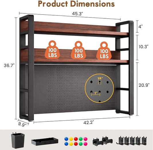 Lefedrasticity Desktop Bookshelf Organizer with Pegboard 3 Tier Desk Hutch Dorm Heavy-Duty Desk Shelf Organizer for Computer Desktop Organizer Shelf for Office Dorm Room Gaming Desks (Black, 45.3" L)