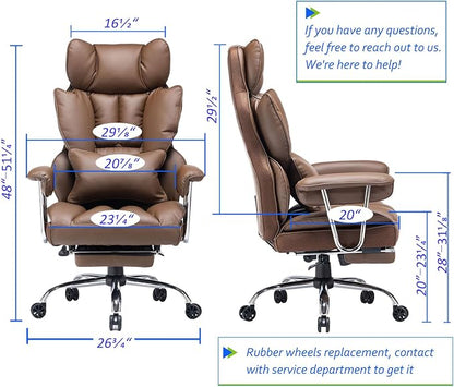 Efomao Big and Tall Office Chair 400lbs – PU Leather Executive Office Chair with Lumbar Support & Leg Rest, Heavy-Duty Computer Chair for Home Office, Brown | 400lbs support, 135° recline, dual-layer foam cushion, 23.5" seat & footrest. BIFMA