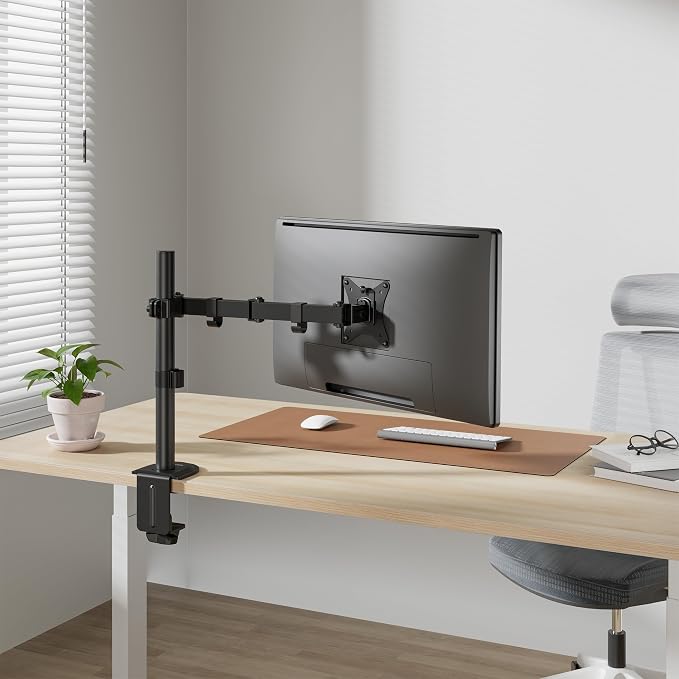 Mount-It! Single Monitor Arm Desk Mount for 17-32 Inch Screens, Holds up to 19.8 lbs, Height Adjustable Full Motion Stand, Steel, Clamp and Grommet Base, VESA 75x75 100x100, Cable Management, Black