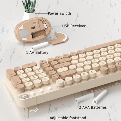 Wireless Keyboard and Mouse Combo, 2.4GHz USB Receiver, Plug and Play, Retro Full Size Typewriter Keyboard and Wireless Mouse for Computer, Laptop, Windows, Mac, and PC (Milk Tea)
