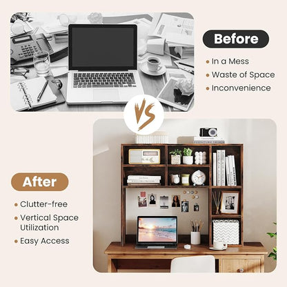 LDAILY Desktop Bookshelf, 37’’ Wood Desk Shelf with 7 Cubes & 3 Adjustable Shelves, 3-Tier Desk Display Rack, Desk Hutch for Dorm College Office Computer Monitor Up to 27’’ (Rustic Brown, 7 Shelves)