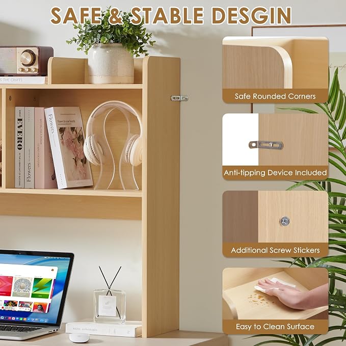 Nromant Desktop Bookshelf, Wooden Desk Storage Hutch with 5 Shelves, 3-Tier Desktop Display Organizer Rack for Office Home (Natural, 5 Shelves B)