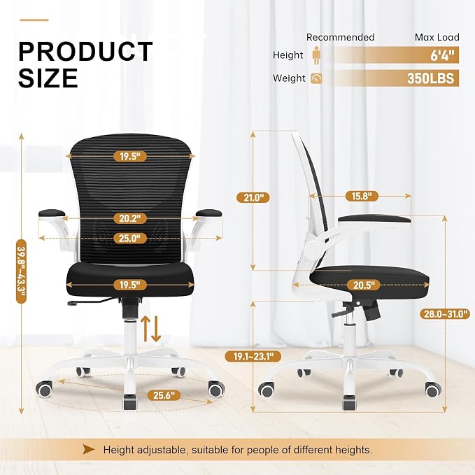 Office Chair, Ergonomic Desk Chairs 330LBS Capacity High Back Mesh Computer Chair with Flip-up Armrests, Comfy Work Chair with Adjustable Lumbar Support