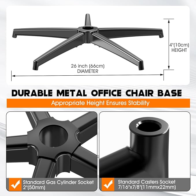Office Chair Base Replacement (3300 lbs) - Heavy Duty Alloy Office Chair Base Replacement, Reinforced Metal Legs, Universal Cylinder and Caster Sockets (Black)