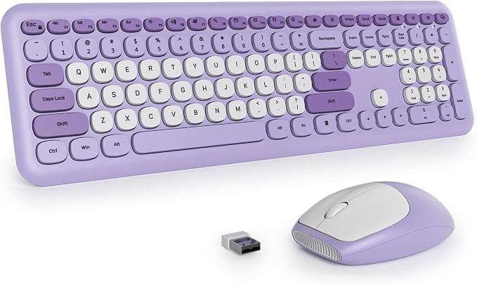 surmen Purple Keyboard and Mouse Wireless, Cute Wireless Typewriter, Full Size Slim Silent Round Keys Aesthetic Keyboard for Home and Office(Colorful Purple)