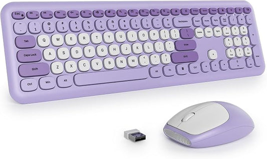 surmen Purple Keyboard and Mouse Wireless, Cute Wireless Typewriter, Full Size Slim Silent Round Keys Aesthetic Keyboard for Home and Office(Colorful Purple)