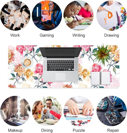 QiyI Floral Mouse Pad, Watercolor Flowers Desk Mat for Desktop, Women Girls Office Décor Accessories, PU Leather Waterproof Gaming Mousepad, Pink Yellow Peonies Desk Pad Computer Mat, 31.5" x 11.8"