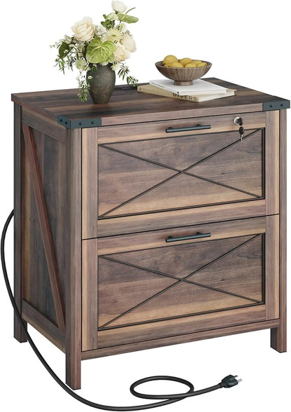 DEVAISE Lateral File Cabinet with Lock, 2 Drawers & Charging Station, Farmhouse Wood Printer Stand with Large Storage, Fits A4/Letter/Legal Hanging Files, Dark Brown