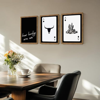 Western Wall Art Set of 3, Southwestern Cowboy Playing Card Wall Decor, Longhorn Bull Skull and How Lucky are We Poster Canvas Painting Prints for Bedroom Living Room 16x24 inch Wood Framed