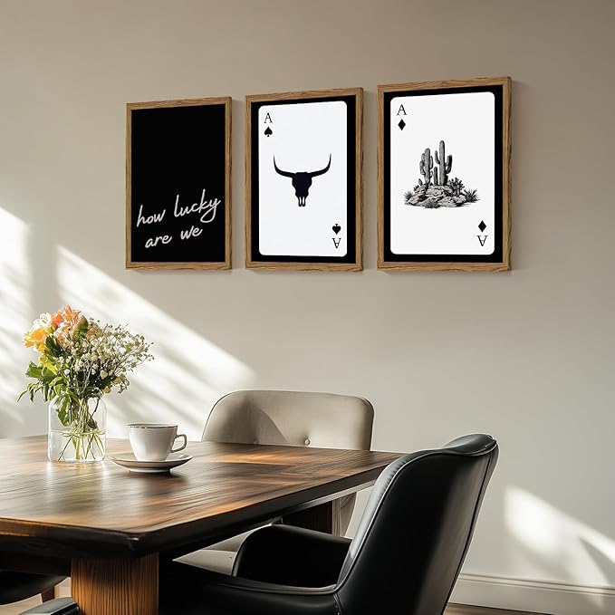 Western Wall Art Set of 3, Southwestern Cowboy Playing Card Wall Decor, Longhorn Bull Skull and How Lucky are We Poster Canvas Painting Prints for Bedroom Living Room 12x16 inch Wood Framed
