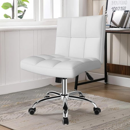 White Office Chair with Wheels - 360° Swivel Armless Back Support，Comfortable Pu Adjustable Rolling Desk Chairs for Office，Home，Vanity，Bedroom，Big Space(Widened White)