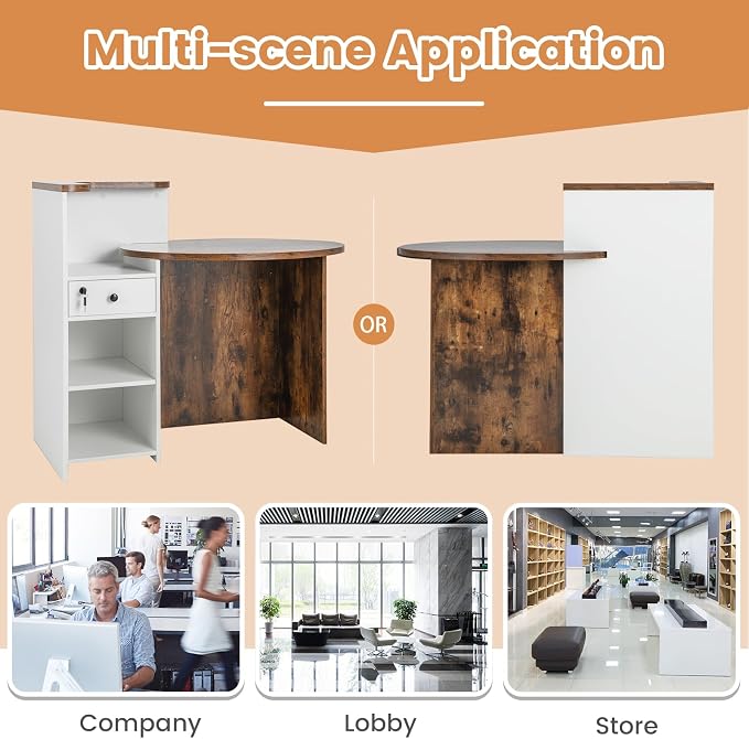Tangkula Reception Desk, Front Counter Desk with Lockable Drawer & Adjustable Shelf, Oval Desktop, Retail Counter for Checkout, Computer Workstation for Salon Lobby Office, Home Office Desk
