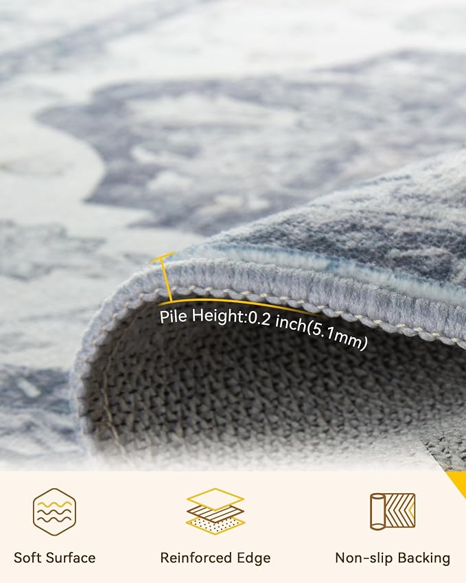 RELEANY Area Rugs Runner 2'x6' Washable Non-Slip, Floral Vintage Distress Medallion Carpet for Kitchen Hallway Bedroom Beside Laundry Room Bathroom, Light Gray Grey White