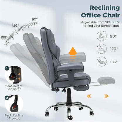 HOMREST Grey Ergonomic Office Chair | 6-Point Vibration Massage & Heat, Reclining Executive Chair, Adjustable Footrest and Armrests, PU Leather Big and Tall