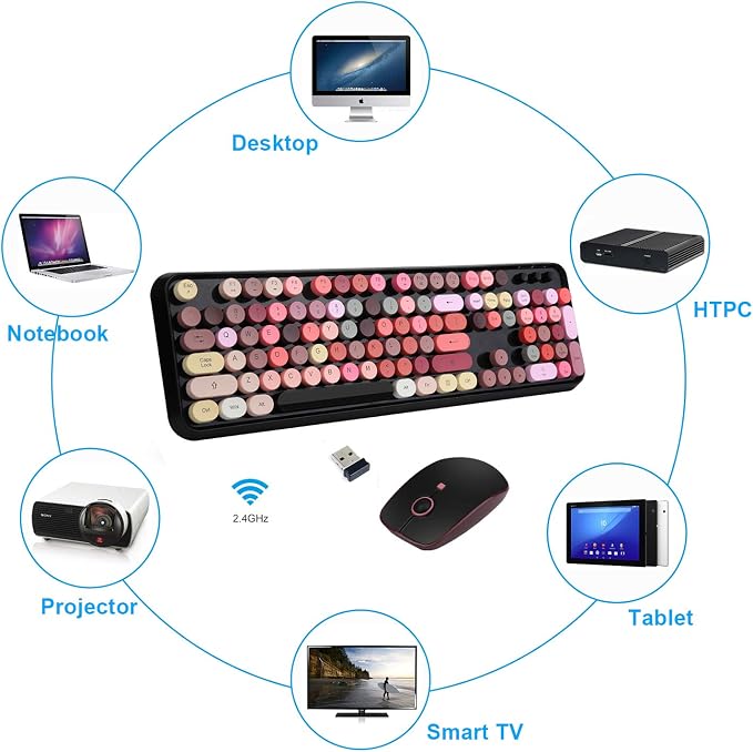 Colorful Wireless Keyboard and Mouse Combo, Lipstick Color Bubble Keyboard with Round Keys, 2.4Ghz Creamy Aesthetic Full Size Typewriter Style Keyboard with Number Pad for PC Laptop Desktop