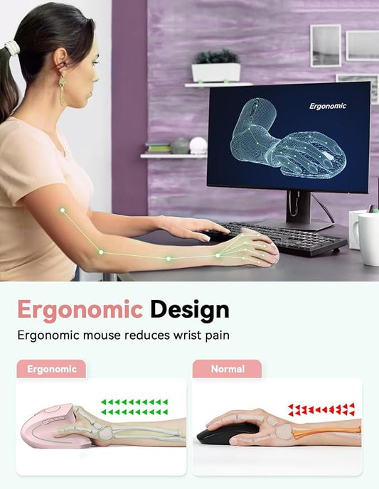 TECKNET 2.4G Ergonomic Mouse Vertical Wireless - 4800 DPI Optical Carpal Tunnel Mice Right Hand, 4800 DPI Adjustable, Quiet Clicks, 6 Buttons for Laptop, Desktop, PC, Computer - Pink