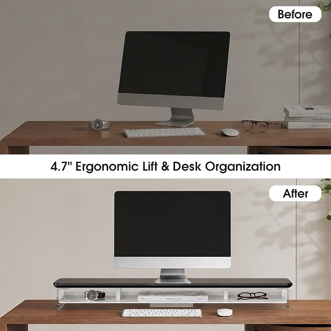 Fenge Acrylic Monitor Stand Riser, 42.5 Inches Dual Monitor Stand with Metal Storage, 2 Tier Acrylic Computer Riser for Desk, Clear Laptop Stand for PC, Laptop, Printer, TV, Black
