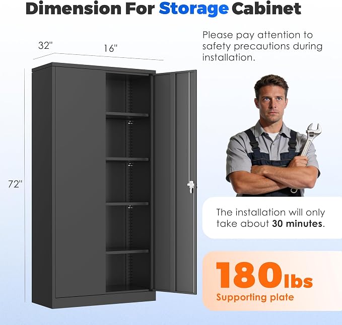 INTERGREAT Metal Garage Storage Cabinet with Lock, 72" Storage Cabinet with Locking Doors and 4 Adjustable Shelves, Lockable Steel Tool Cabinet for Home Office, School, Black
