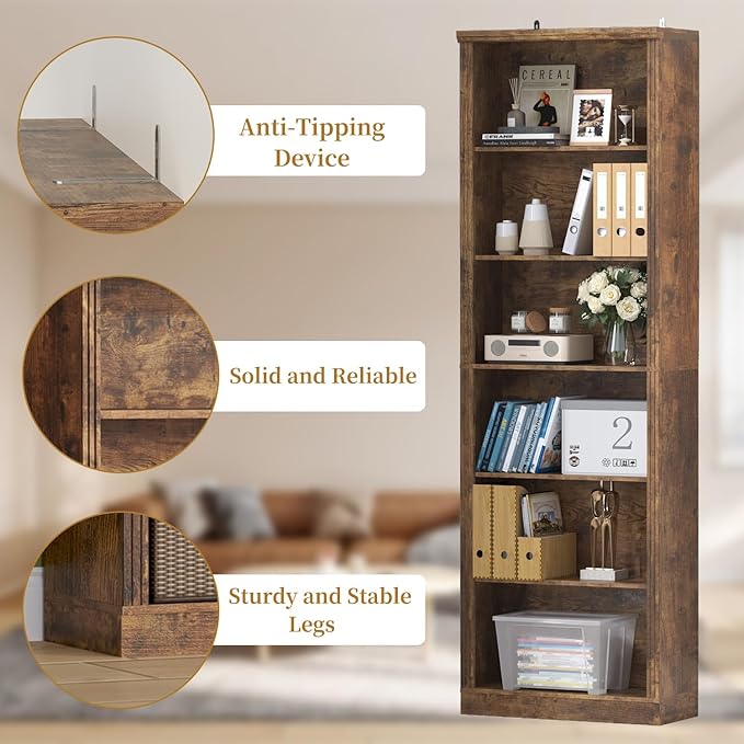 Thacuok 75" Tall Bookshelf Set of 2, 6 Tier Bookshelf with Adjustable Shelves, Bookcase with Anti-Tipping Device, Floor Standing Modern Display Rack,Book Shelf for Living Room, Bedroom, Office, Brown