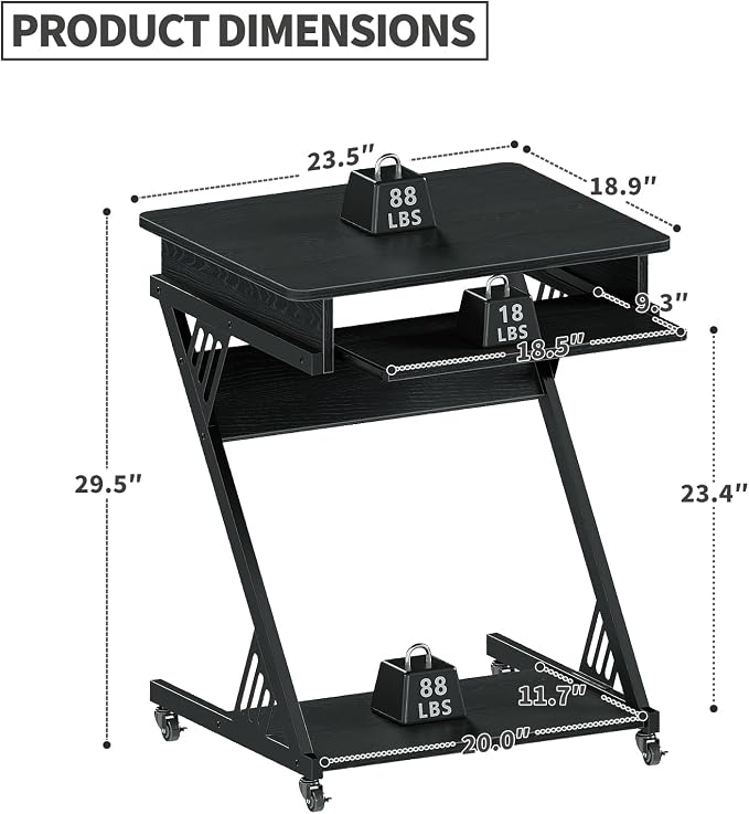 ALISENED Computer Desk for Small Spaces,23.6" Z-Shaped Compact Study Table with Smooth Keyboard Tray,with Wheels and Bottom Shelves for Home Office，Computer Cart Mobile Laptop Cart