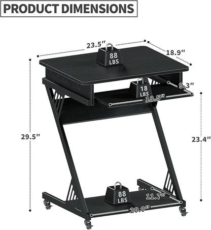 ALISENED Computer Desk for Small Spaces,23.6" Z-Shaped Compact Study Table with Smooth Keyboard Tray,with Wheels and Bottom Shelves for Home Office，Computer Cart Mobile Laptop Cart