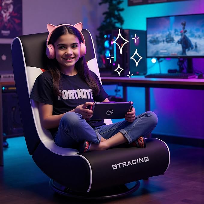 GTPLAYER Floor Gaming Chair Foldable Swivel Floor Chairs for Kids Boys Comfy Video Game Seat with 360° Multipurpose for Gamers, Bedroom or Game Room (Red/White)