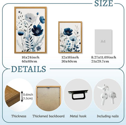 LLEEMPI Navy Blue Floral Wall Art Set of 3, Modern Wildflower Wall Decor, Watercolor Botanical Canvas Paintings, Classic Minimalist Poster Prints for Bedroom Bathroom Office Wood Framed 12x16 Inch