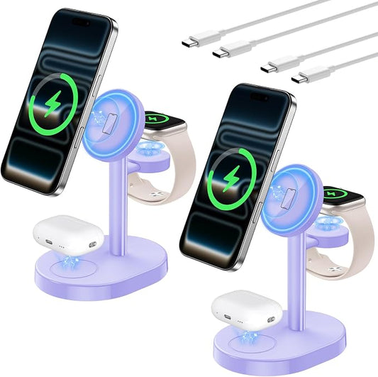 Hevanto 2026 3 in 1 Wireless Charging Station for Apple MagSafe Charger, 15W Fast Magnetic Mag-Safe Charger Stand for iPhone 17 16 15 14 13 12 Watch AirPods, 2 Pack(Adaptor Not Included)
