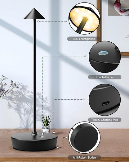 Cordless Table Lamps Rechargeable, 6000mAh Battery Operated LED Desk Lamp Outdoor Waterproof Portable Touch Dimmable Table Light for Patio Restaurant Dining Home Set of 2 Black