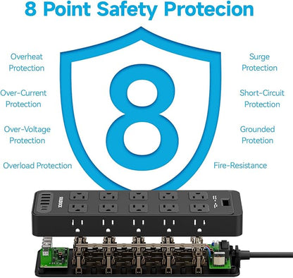 Power Strip Surge Protector Flat Plug with 20 AC Outlets 6 USB Chagring Ports, 1875W/15A, 2700J, 15 Feet Heavy Duty Extension Cord for Home, Office, Dorm, Gaming,ETL Listed (Black, 15FT)